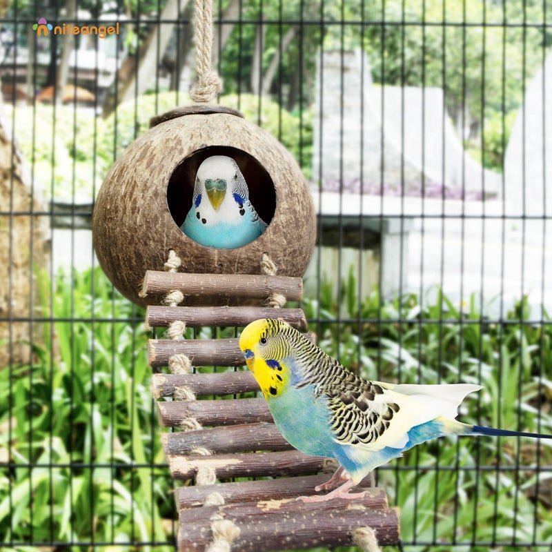 Niteangel Natural Coconut Hamster Hideaway with Ladder, Bird and Small Animal Toy (House with Ladder, Smooth Surface) - Image 3